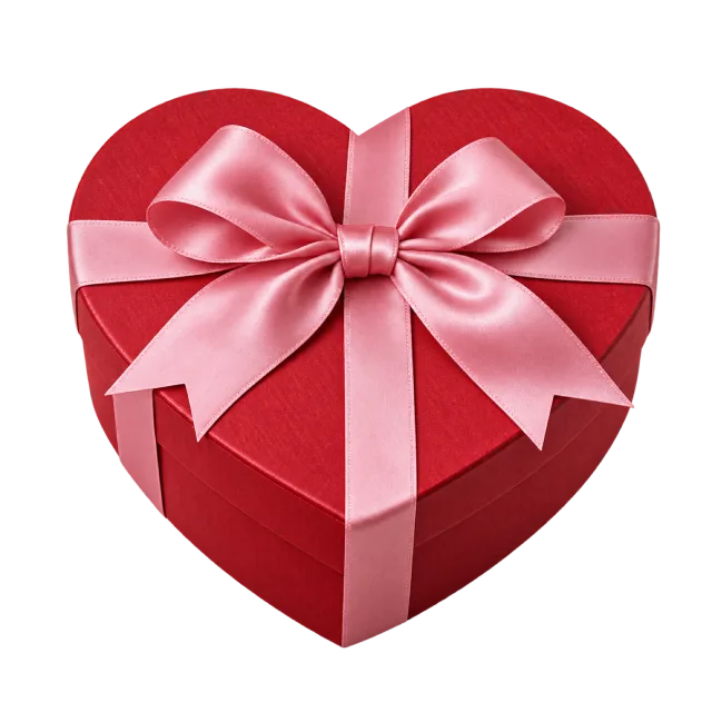 A red heart-shaped box tied with a wide pink ribbon