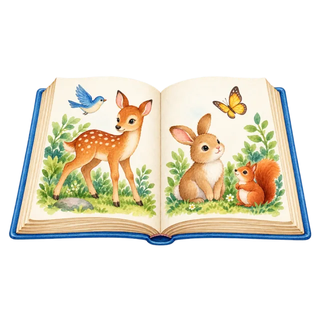Watercolor-style illustration of open animal picture book