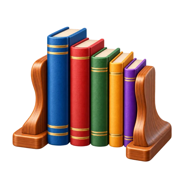 3D-style illustration of wooden bookends holding books