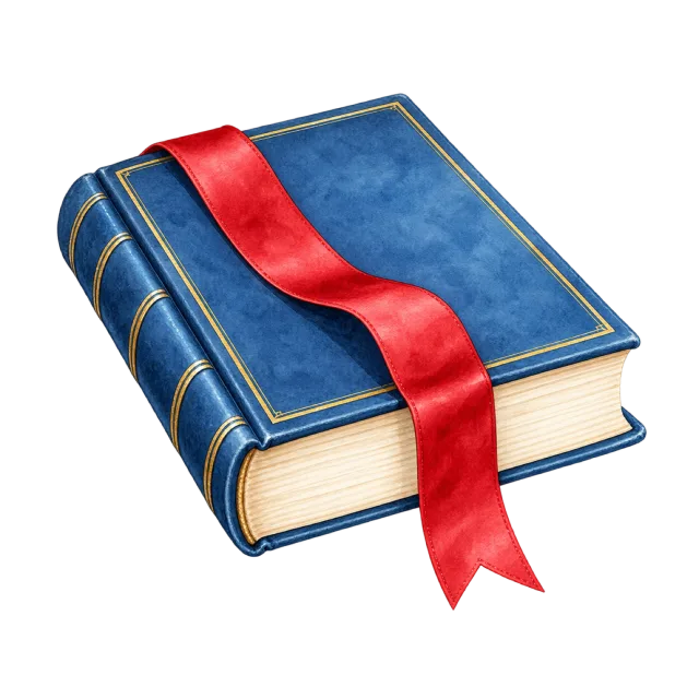 Watercolor-style illustration of red ribbon bookmark draped over a book