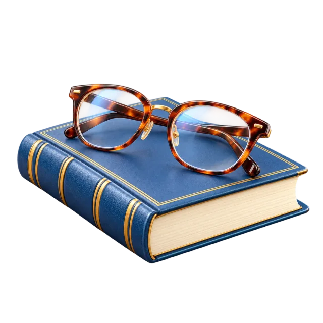 3D-style illustration of reading glasses on a closed book