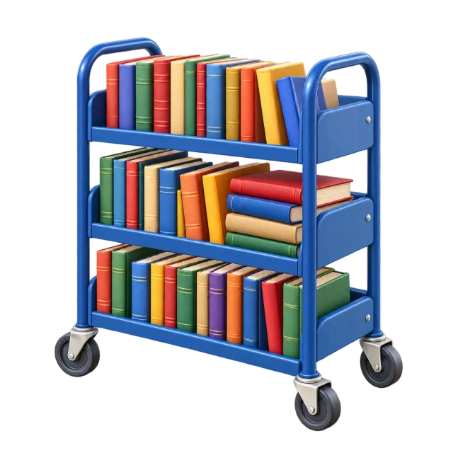 3D-style illustration of library book cart filled with books