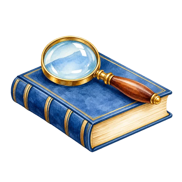 Watercolor-style illustration of magnifying reading glass over a closed book