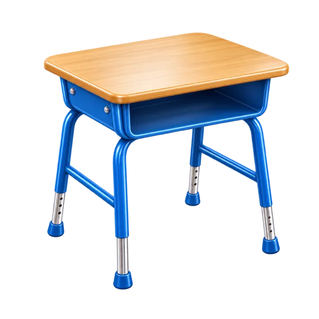 3D-style illustration of single student desk with blue metal legs