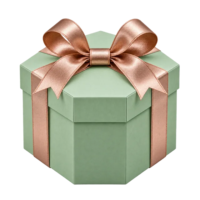 A mint green hexagonal box with a rose gold satin bow