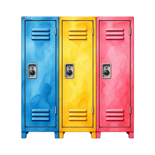 Watercolor-style illustration of three colorful school lockers