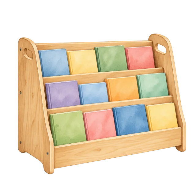 Watercolor-style illustration of low preschool bookshelf
