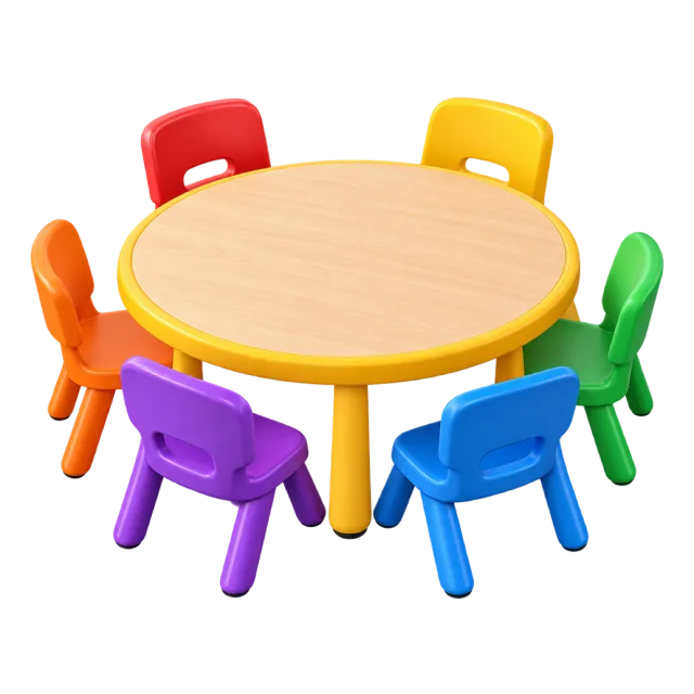 3D-style illustration of round classroom table with colorful chairs