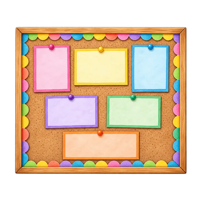 Watercolor-style illustration of classroom bulletin board with blank colorful cards