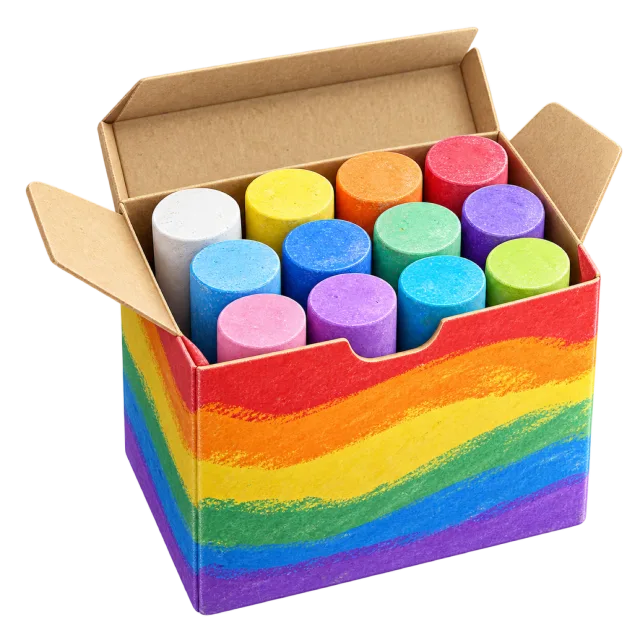 3D-style illustration of box of multicolored chalk sticks