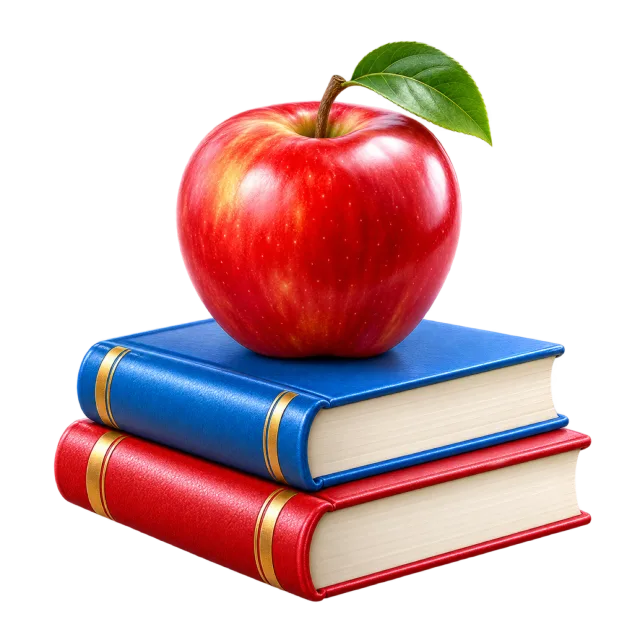 3D-style illustration of red apple resting on two books