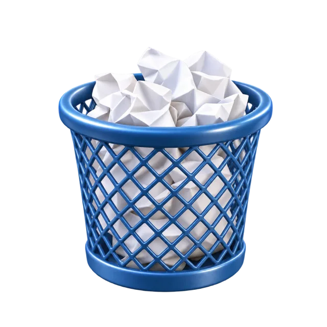3D-style illustration of small wastepaper basket with crumpled paper