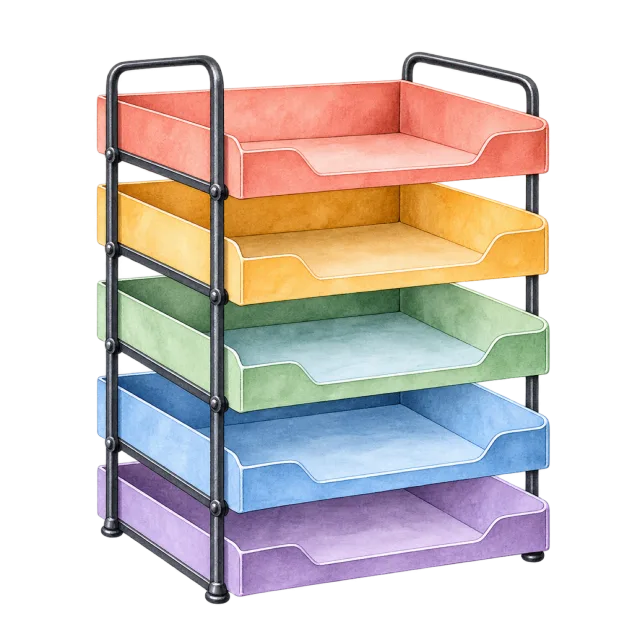 Watercolor-style illustration of vertical paper tray organizer