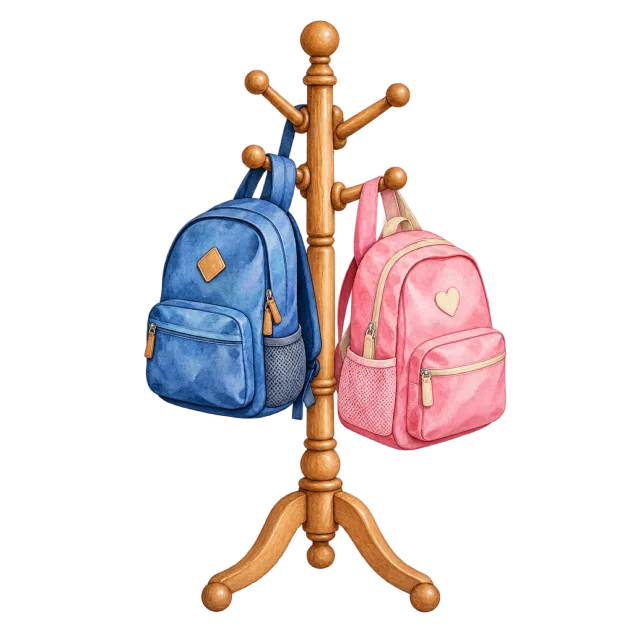 Watercolor-style illustration of freestanding coat rack with two school bags