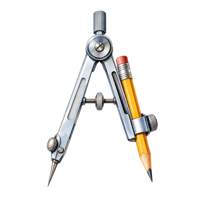 Watercolor-style illustration of metal drawing compass with pencil