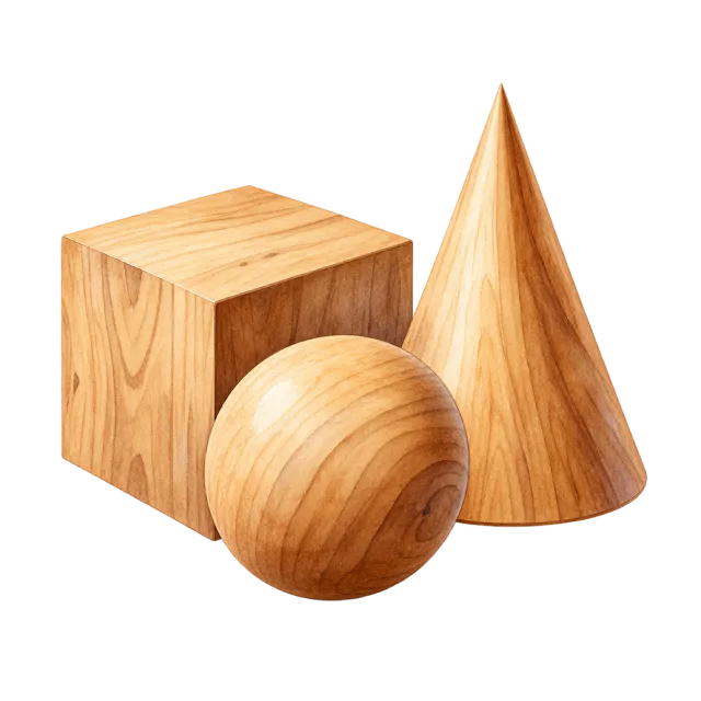 Watercolor-style illustration of wooden cube cone and sphere