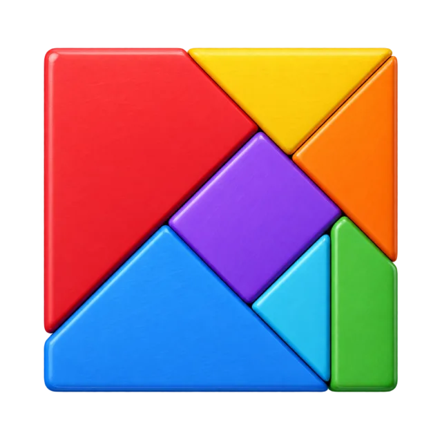 3D-style illustration of rainbow tangram pieces arranged as a square