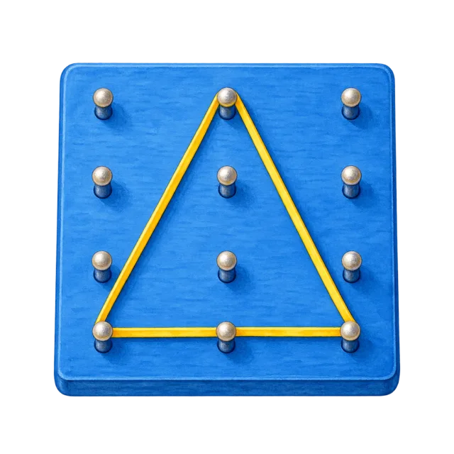 Watercolor-style illustration of blue geoboard with a yellow rubber band triangle