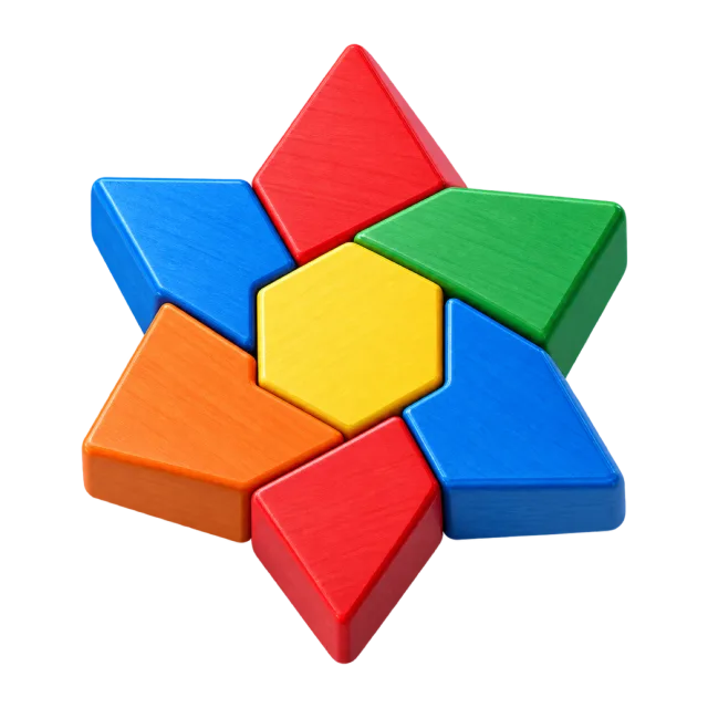 3D-style illustration of colorful geometric pattern blocks