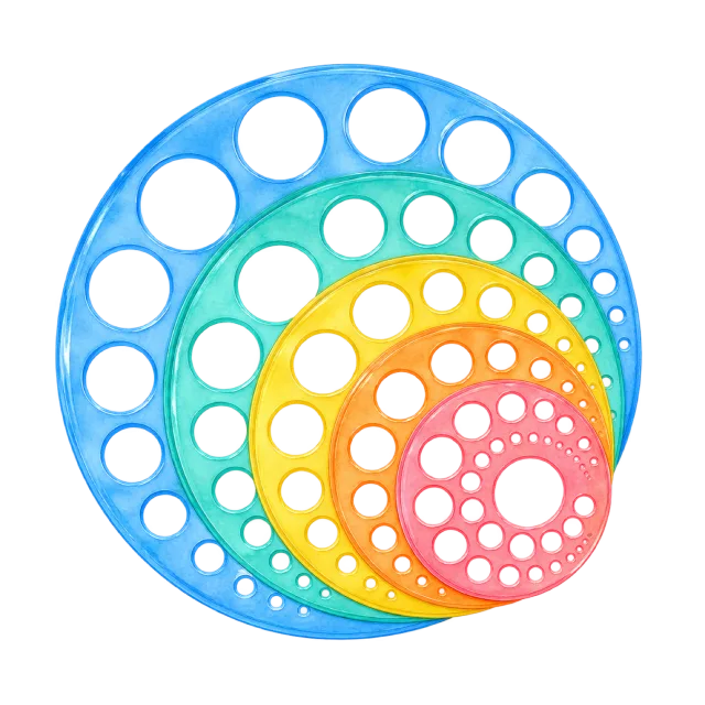 Watercolor-style illustration of nested plastic circle drawing stencils