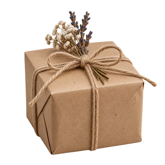 A brown kraft box tied with twine and topped with small dried flowers