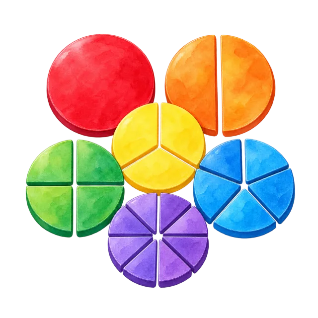 Watercolor-style illustration of fraction circle manipulatives in bright colors