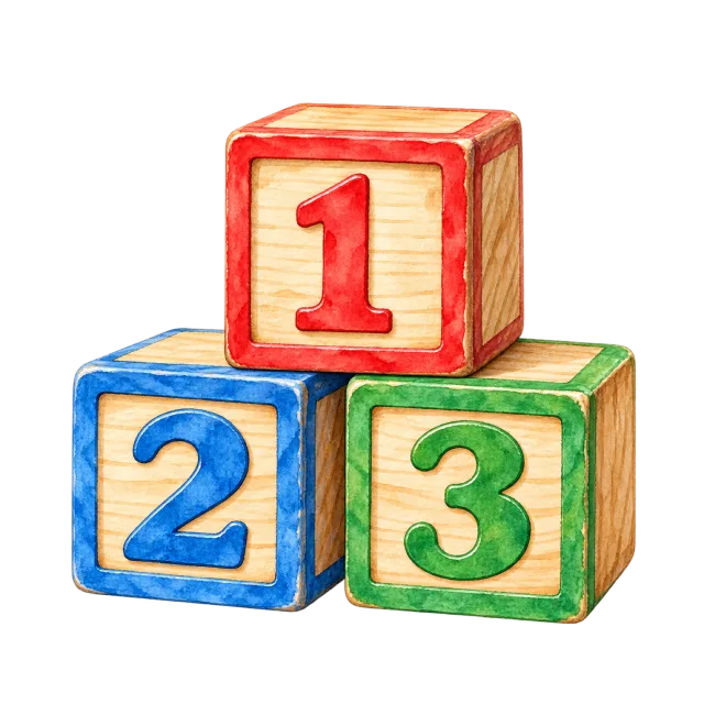 Watercolor-style illustration of wooden number blocks 1 2 3