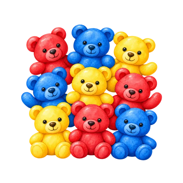 Watercolor-style illustration of counting bears in three colors