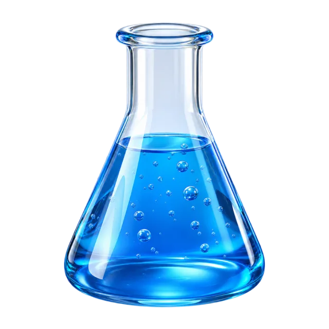 3D-style illustration of glass conical flask with blue liquid