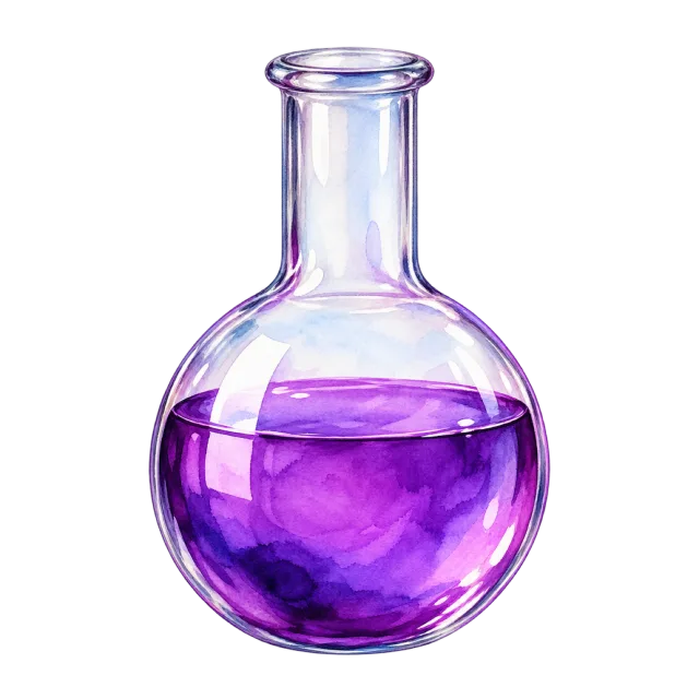 Watercolor-style illustration of round bottom flask with purple liquid