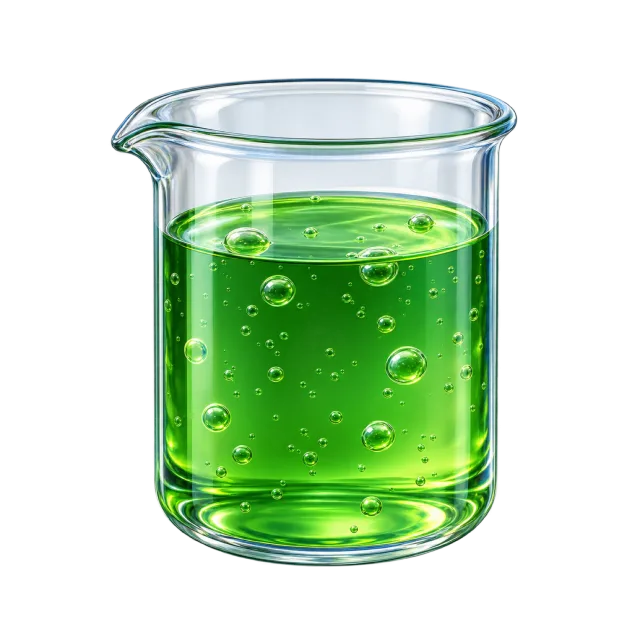 3D-style illustration of clear beaker with green liquid