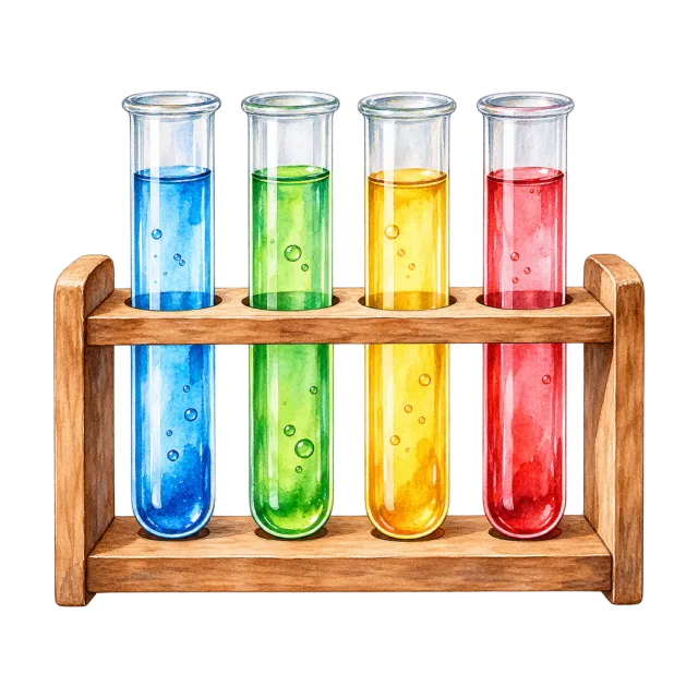 Watercolor-style illustration of test tube rack with four colored liquid tubes