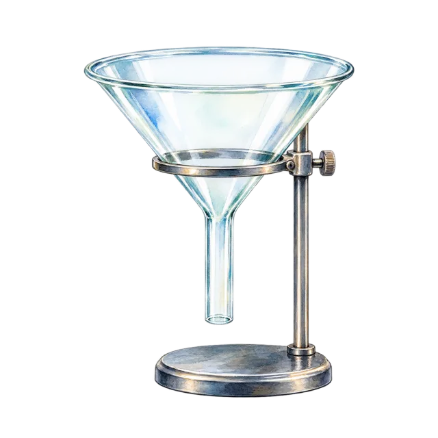Watercolor-style illustration of glass funnel on a small stand