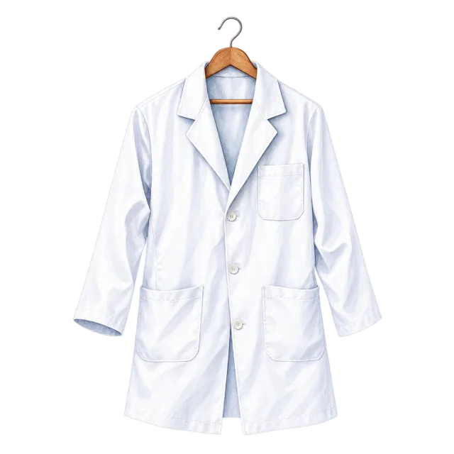 Watercolor-style illustration of white lab coat on a hanger