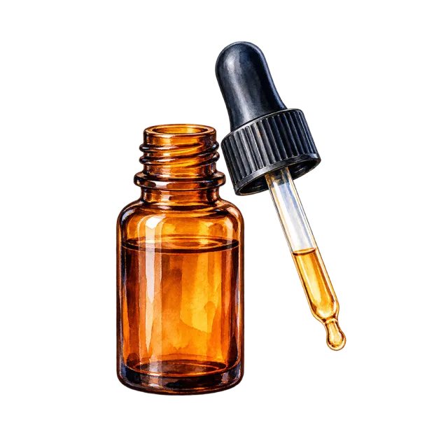 Watercolor-style illustration of glass dropper beside a small amber vial
