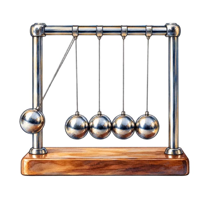 Watercolor-style illustration of Newton cradle with metal balls