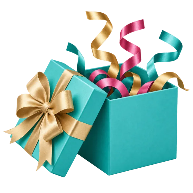 A teal box with its lid tilted aside and colorful ribbons springing upward