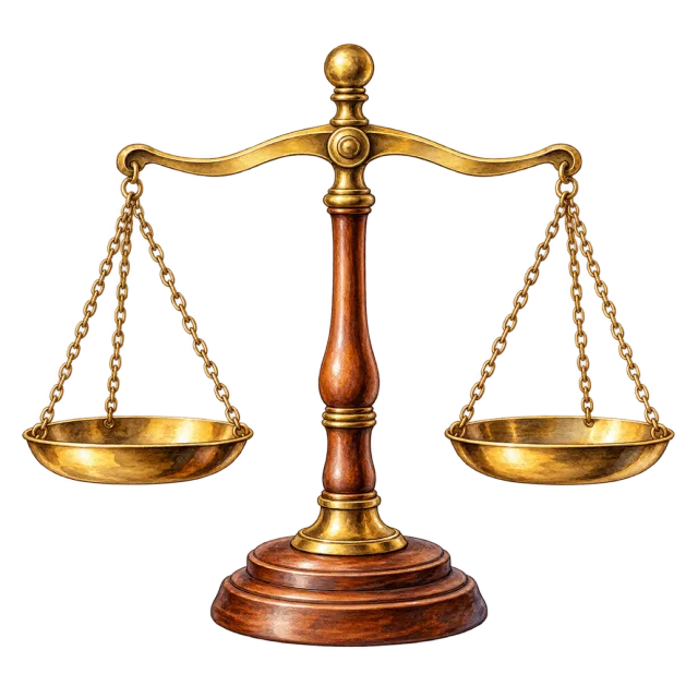 Watercolor-style illustration of desktop balance scale with brass pans
