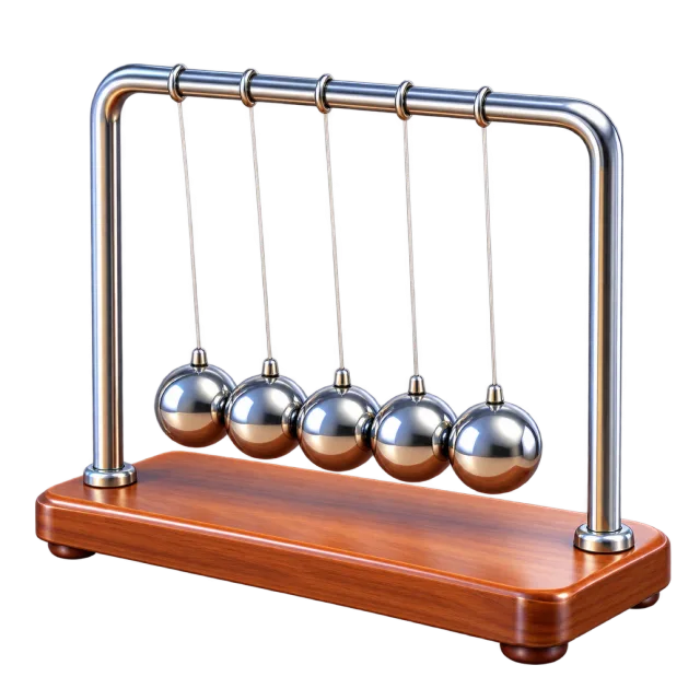 3D-style illustration of Newton cradle on wooden base