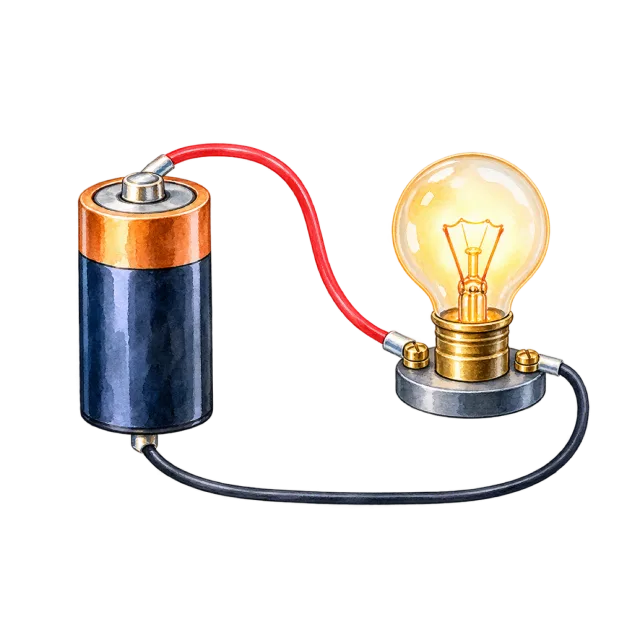 Watercolor-style illustration of school electrical circuit with battery wire and bulb