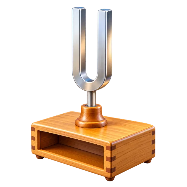 3D-style illustration of tuning fork on a wooden resonance box