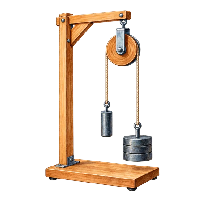 Watercolor-style illustration of small pulley demonstration apparatus