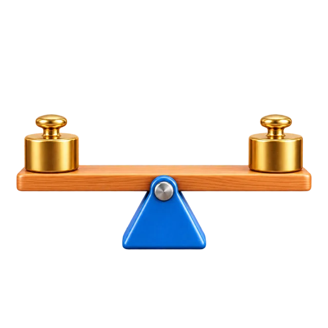3D-style illustration of lever balance with brass weights