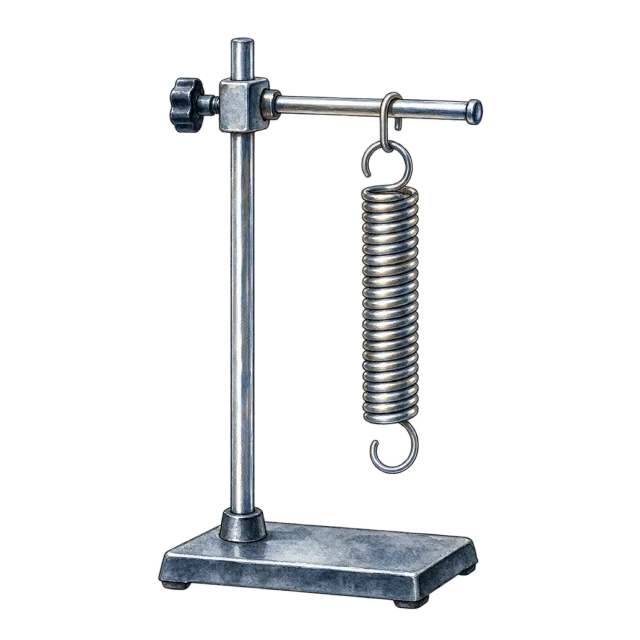 Watercolor-style illustration of metal spring suspended from a laboratory stand