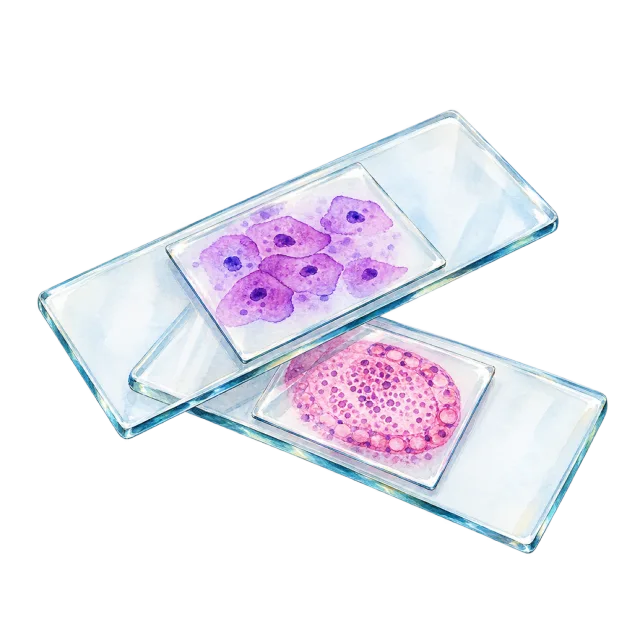 Watercolor-style illustration of microscope slides with pink specimens