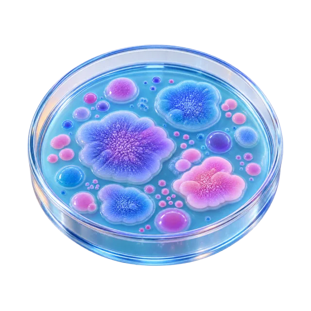 3D-style illustration of petri dish with colorful abstract specimens