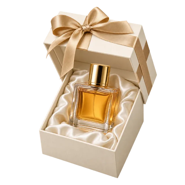 A square amber perfume bottle nestled in a cream fabric-lined box with a gold bow