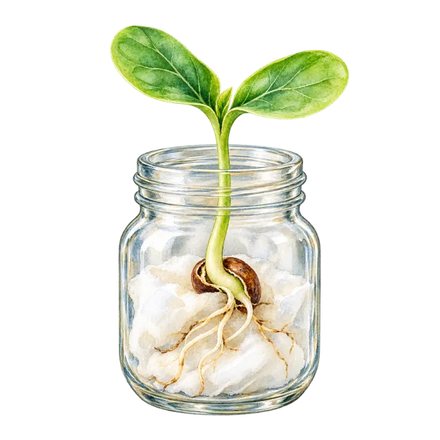 Watercolor-style illustration of green seedling in a transparent germination jar