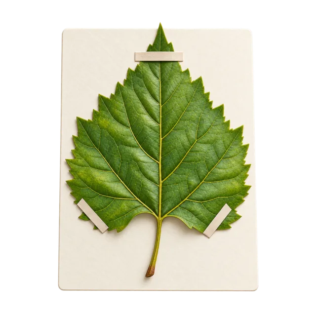 3D-style illustration of botanical leaf specimen mounted on a blank card