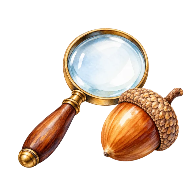 Watercolor-style illustration of magnifying glass beside an acorn